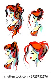 Retrato de conjunto de boceto digital hecho a mano por vectores con el logo de moda de chica hermosa para diseño 