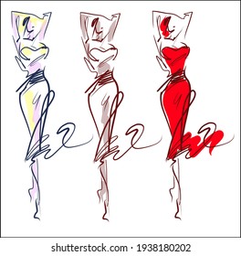Vector handmade  digital sketch Set with beautiful girl in dress for design fashion logo 