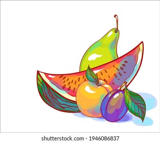 Vector handmade fashion digital food sketch background with fruit watermelon peach pear and plum 
