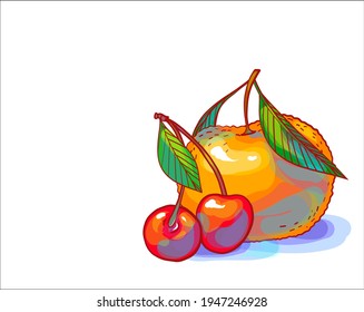 Vector handmade fashion digital food background with fruit  tangerine cherry for design logo 