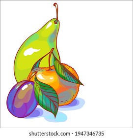Vector handmade fashion digital food background with fruit  tangerine plum and pear for design logo 