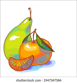 Vector handmade fashion digital food background with fruit  tangerine and pear for design logo 