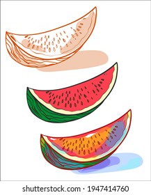 Vector handmade fashion digital food sketch set with fruit watermelon for menu design 