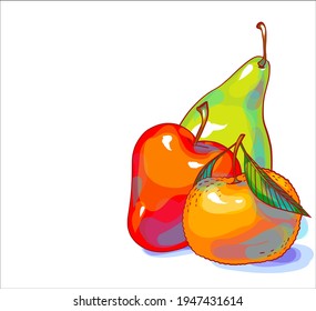 Vector handmade fashion digital food background with fruit apple pear and tangerine for design logo 