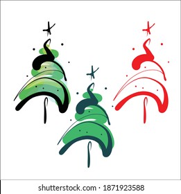 
Vector handmade fashion digital graphic sketch set for New Year's design with Christmas tree 