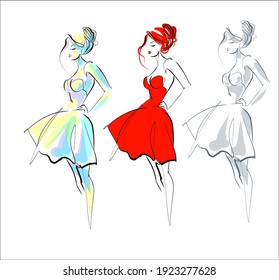 Vector handmade fashion digital set with beautiful girl in dress for design logo 