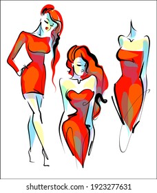 Vector handmade fashion digital set with beautiful girl in dress for design logo 
