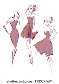 Vector handmade fashion digital set with beautiful girl in dress for design logo 