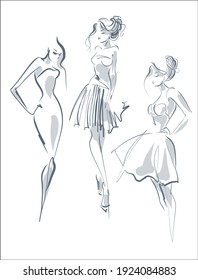 Vector handmade fashion digital set with beautiful girl in dress for design logo 