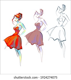 Vector handmade fashion digital set with beautiful girl in dress for design logo 