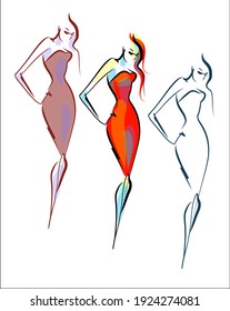 Vector handmade fashion digital set with beautiful girl in dress for design logo 