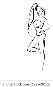 Vector handmade fashion digital sketch background with beautiful sports girl in bikini for fitness logo 