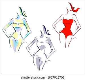 Vector handmade fashion digital sketch set with beautiful sports girl in bikini for fitness logo 