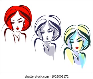 Vector handmade fashion digital sketch portrait set with beautiful girl for design beauty logo 