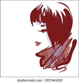 Vector handmade fashion digital sketch background with beautiful portrait young girl for design beauty salon logo 