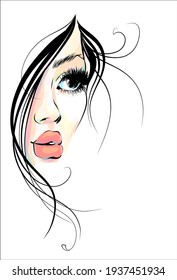 Vector handmade fashion digital sketch background with beautiful portrait young girl for design beauty salon logo 