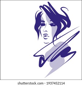Vector handmade fashion digital sketch background with beautiful portrait young girl for design beauty salon logo 