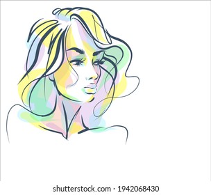 Vector handmade fashion digital sketch portrait with beautiful girl for design beauty logo 