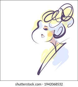 Vector handmade fashion digital sketch portrait with beautiful girl for design beauty logo 