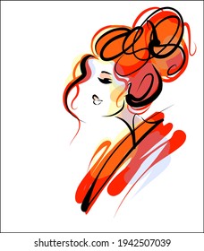 Vector handmade fashion digital sketch portrait with beautiful girl for design beauty logo 