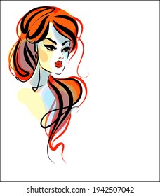 Vector handmade fashion digital sketch portrait with beautiful girl for design beauty logo 
