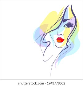 Vector handmade fashion digital sketch portrait with beautiful girl for design beauty logo 