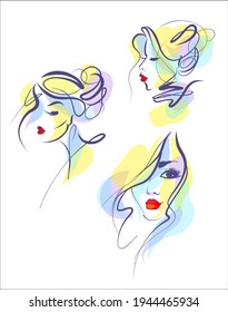 Vector handmade fashion digital sketch portrait with beautiful girl for design beauty logo 