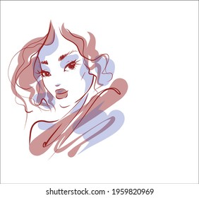 Vector handmade fashion digital sketch background with portrait beautiful girl for design beauty logo 