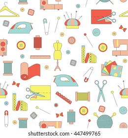 Vector handmade flat icon set isolated. Tailor craft objects. Atelier equipment illustration. Handmade set symbols. Sewing machine, pin, iron, mannequin, scissors, hanger, tape, button, needle