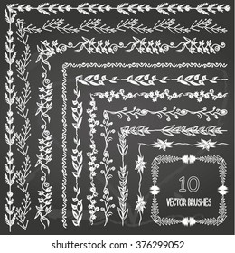Vector handmade floral brushes , easy to apply to any shape or path and change color. Chalkboard background
