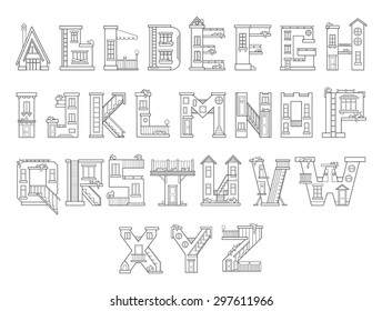 Vector handmade font in cartoon style. The letters are made in the form of houses.  Illustration for education or interior design. you can use it like a coloring book for kids or adults.