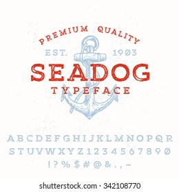 Vector handmade font. Vintage styled grunge textured typeface. Latin alphabet letters and numbers.