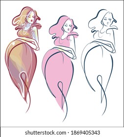 VECTOR handmade graphics  set with a pregnant beautiful young woman in pink dress 
 