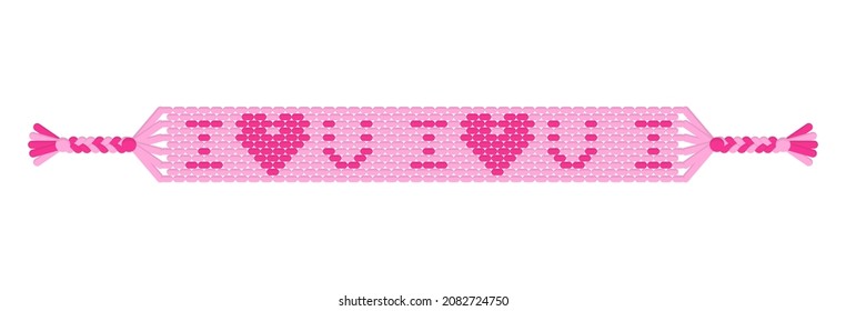 Vector handmade hippie friendship bracelet of pink threads. Macrame normal pattern. Valentine's day and free love