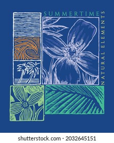 Vector handmade illustration of flowers, waves in a stripped style, leaves and graphic elements.