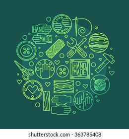 Vector handmade illustration - round glossy symbol or background made with hand made outline symbols