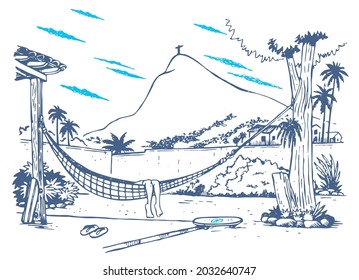 Vector handmade illustration of scene in cartoon style of person relaxing in a hammock in Rio de Janeiro city.