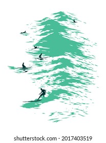 Vector handmade illustration of surfers silhouette in the sea waiting for the perfect waves.