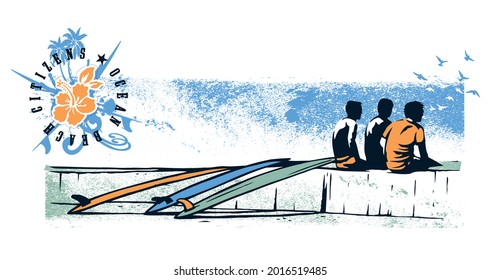 Vector, handmade illustration of surfers sitting on the beach. Art for prints on t-shirts, posters, etc...
