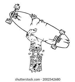 Vector handmade illustration of zombie hand holding skateboard.