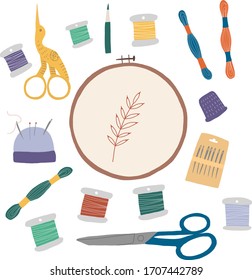 Vector handmade illustration.Hobby tools set:hoop, floss, needles, scissors.Design for card, print, poster.
