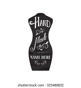 Vector handmade logotype with the silhouette of sewing mannequin. Hand drawn illustration perfect for textile design, labels, homework productions. Lettering art. Isolated typography design.