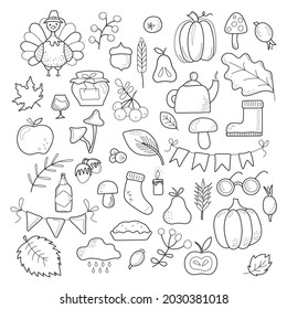 Conjunto de objetos y símbolos hechos a mano por vectores sobre el tema del Día de Acción de Gracias de otoño. Imagen en blanco y negro. Colores. Todos los objetos están separados. Ilustración del vector