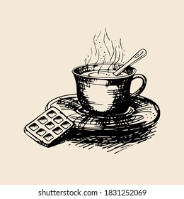 Vektor handgemachte Skizze Tee mit Lebkuchen. Retro-Illustration.