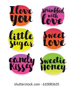 Vector handmade sticker lettering set. Calligraphy label graphic design lettering element. Hand written calligraphy style signs. Hand craft decoration element. Love sweet sugar honey stickers