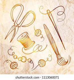 Vector handmade tools set on a grunge paper baskground. Vintage style.