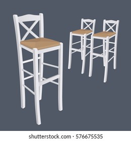 Vector handmade wooden white traditional Greek tavern wicker tall chairs in perspective on grey background