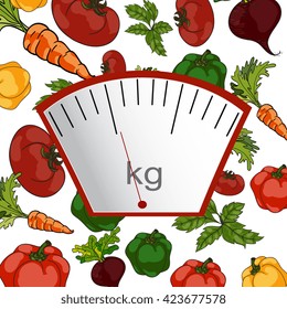 Vector. Hand-painted. The concept of weight loss, healthy lifestyles, diet, proper nutrition. Vegetable and scales. 