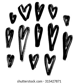 Vector hand-painted illustration with ink hearts. Abstract background. Doodles.