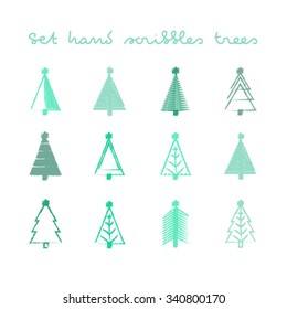 Vector hand-painted ink illustration with brush strokes. New Year, Christmas trees. Abstract background.